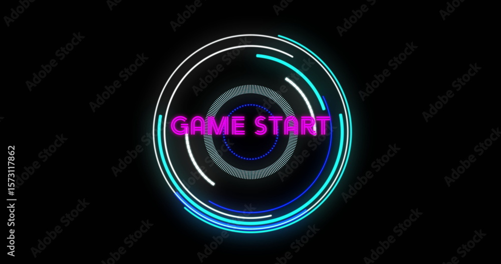 Poster animating central digital interface showing concentric neon arcs and rings, with game start text