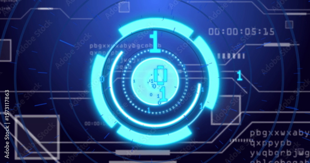 Poster displaying glowing blue circular hud element on computer dashboard, with arcs and countdown timer