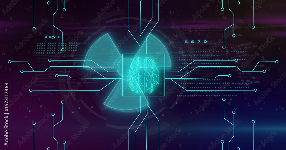Poster Showing cyan fingerprint icon in square overlay in virtual interface, with chart and circuit lines