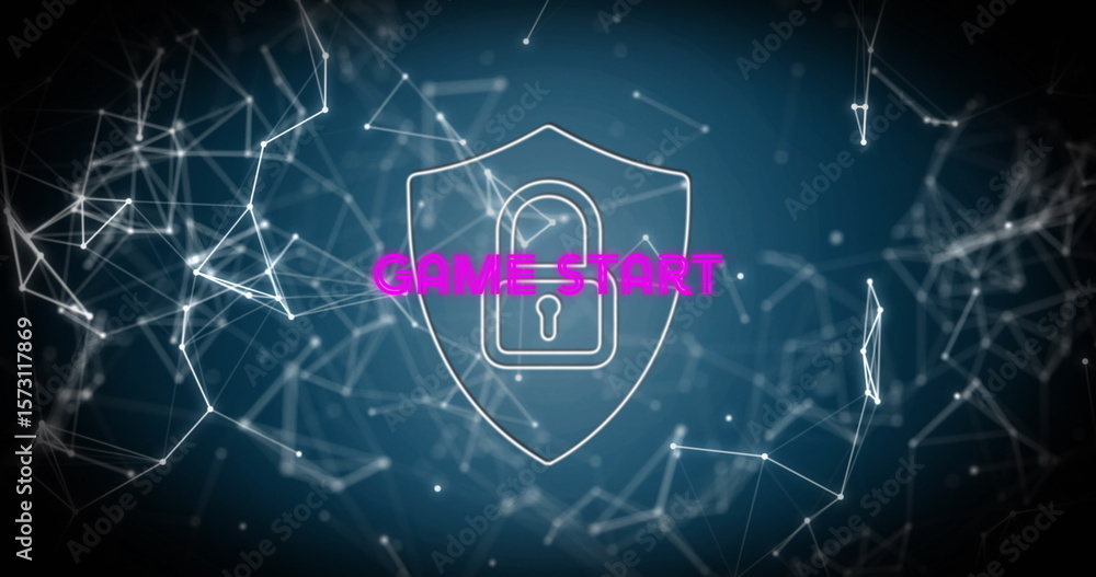Poster displaying shield icon with keyhole and neon game start text over blue network, with glowing nodes