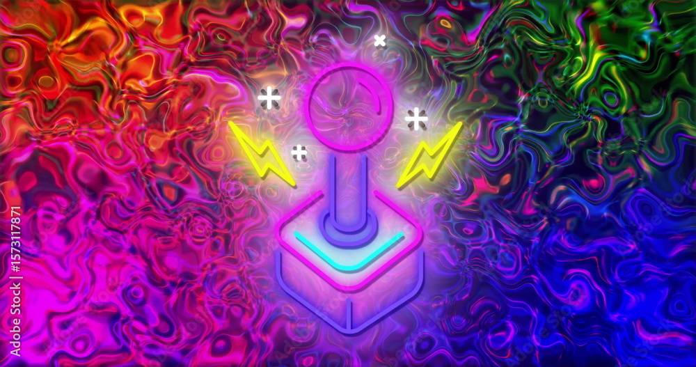 Poster image of colorful joystick with lightning symbols on vibrant swirling background