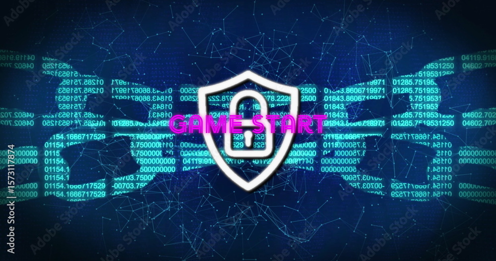 Fototapete floating white shield with keyhole icon and gamestar text on blue code background, wireframe net