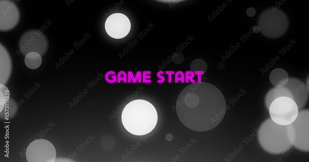 Poster displaying neon pink game start text glowing on virtual gaming interface, with bokeh light circles