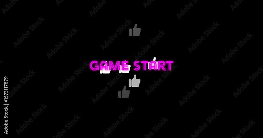 Poster showing neon pink game start text glowing on black canvas, with multiple floating thumbs-up icons