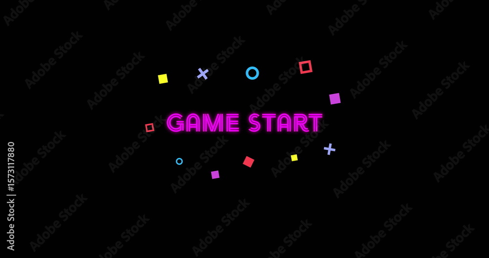 Fototapete displaying neon pink game start text flashing on led screen, with colored geometric shapes floating