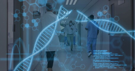 Medical professional in lab coat and mask moving fast in hospital corridor, with DNA helix overlay