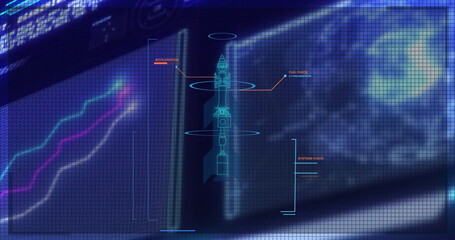 Scanning rocket schematic with metrics on mission control display, showing fuel check orbital path