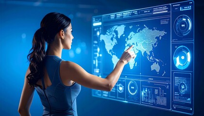 Woman Interacting With Futuristic Blue Digital World Map and Data Visualizations