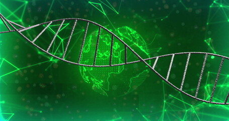Floating silver DNA helix moving across virtual grid, with glowing Earth globe and network lines