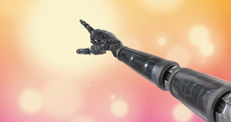 Extending robotic prosthetic arm diagonally over pastel gradient, with pistons and servo motors
