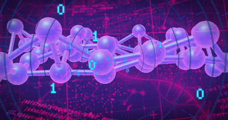Image of molecular structure with digital data on purple and pink background