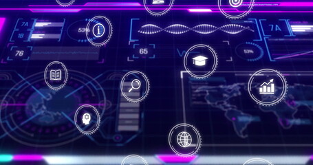 Displaying cluster of floating circular icons glowing over virtual dashboard, with analytics theme
