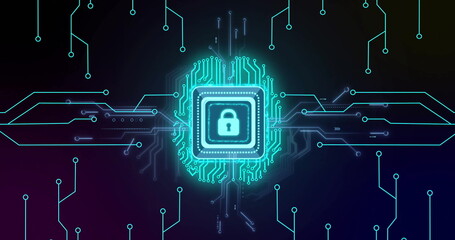Illuminating padlock microchip square in virtual network, tracing neon circuits and glowing nodes