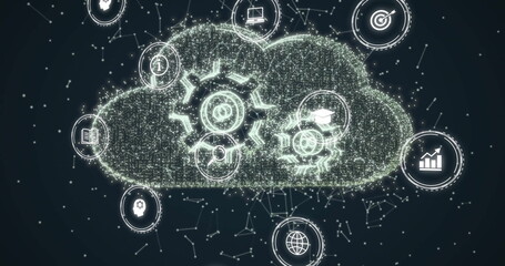 Displaying cloud icon glowing with gears and graduation cap in dark network with concept icons