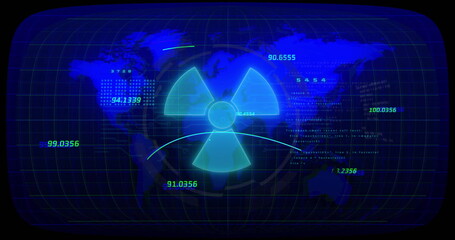 Fototapeta premium Displaying glowing cyan radiation hazard trefoil symbol on high-tech monitor, with numeric readouts