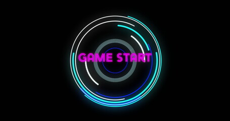 Animating central digital interface showing concentric neon arcs and rings, with GAME START text