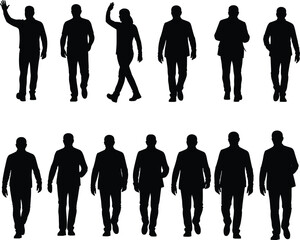 Silhouettes of walking business people and professionals, men and one woman in motion, isolated on white background, formal clothing, modern corporate gesture pose

.