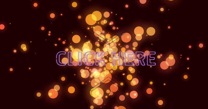 Glowing neon purple text reading CLICK HERE on dark canvas, with orange yellow bokeh circles