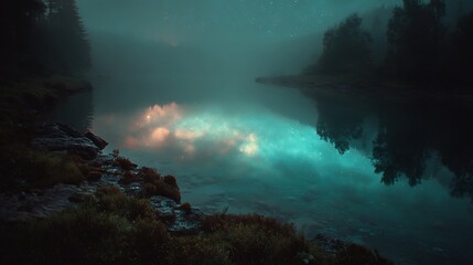 Lake reflects starry sky