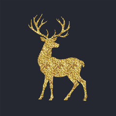 Golden Shining elegant Christmas deer silhouette. Flat isolated illustration. Vintage confetti design.