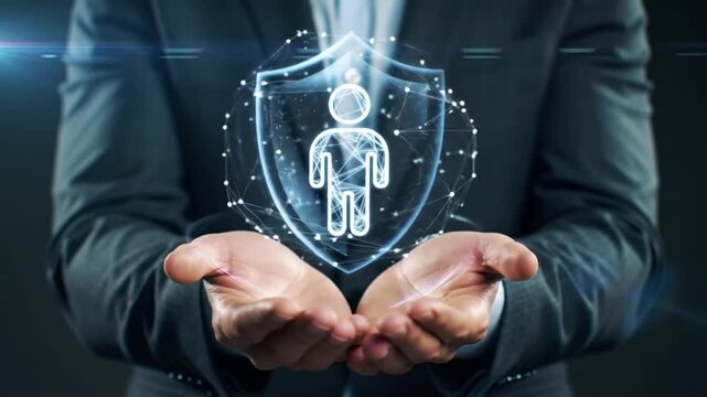Human Protection Concept Man Holding Shield with Person Icon and Network Connection - Insurance, Security, Care