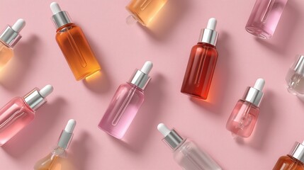 Obraz premium Collection of colorful glass dropper bottles with serums on a pastel pink background in a stylish arrangement