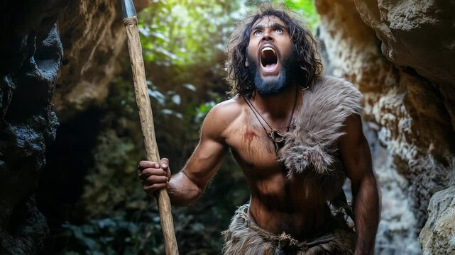 A caveman dressed in primitive attire stands in a cave, holding a spear
