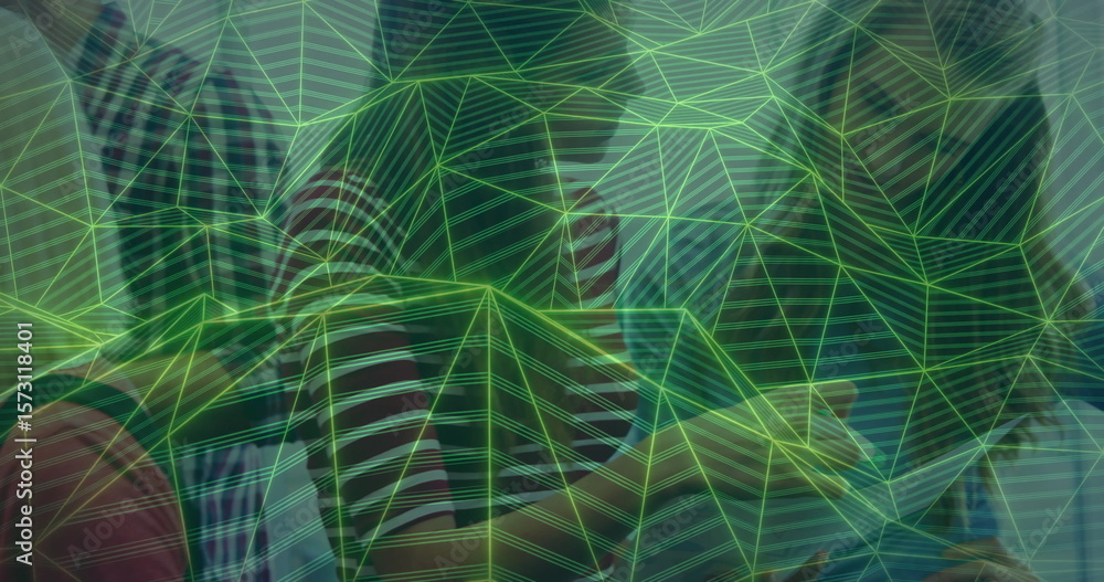 Poster image of green geometric lines forming abstract pattern over blurred background