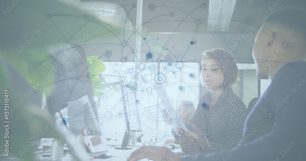 Poster network of connections and data processing image over people working in office
