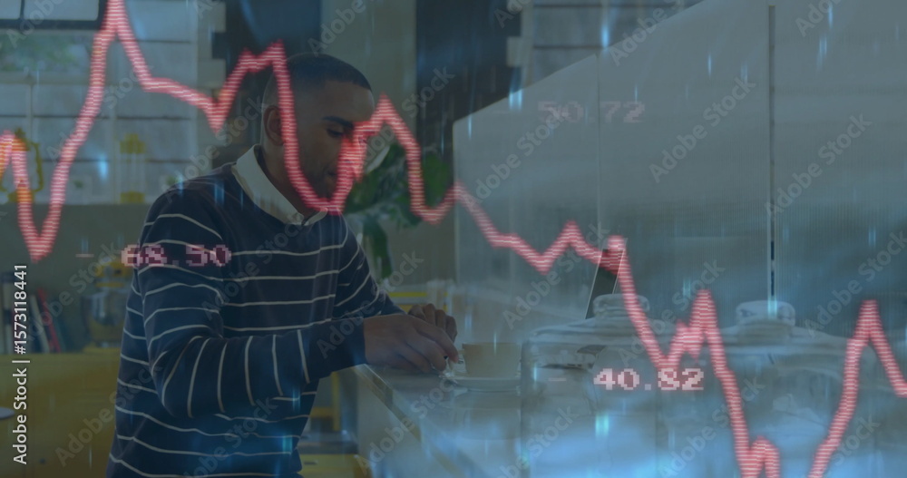 Poster man working at desk with financial data graph image overlay