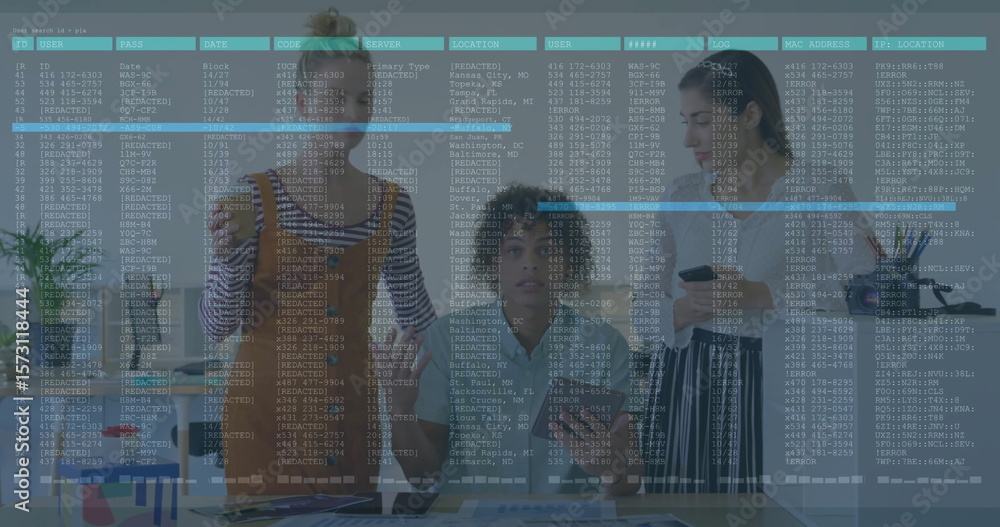 Poster analyzing data with digital image overlay, diverse team working in office