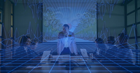 In school, image overlaying participants in business meeting with digital grid
