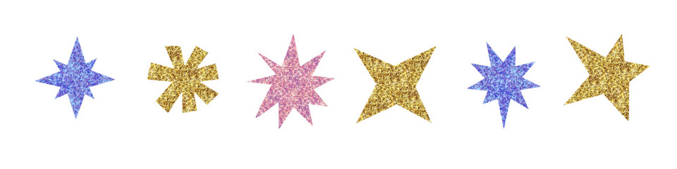 Obraz premium Colorful metallic Glitter sparkle textured irregular stars set. Cut out collage elements collection. Vintage festive vector illustration