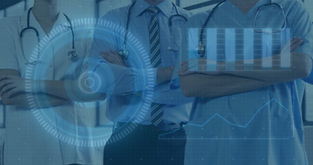 In hospital, doctors with crossed arms standing, medical data image overlaying