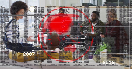 Collaborating office staff discussing timeline in lounge, with smartphone, mugs and circuit overlay
