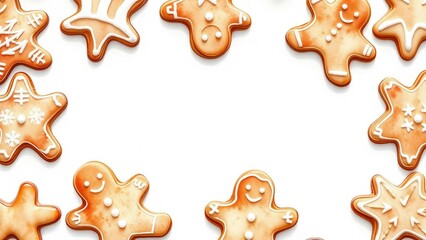 Lustige Aquarellillustration von Lebkuchenmännchen und Stern-Keksen, liebevoll dekoriert auf weißem Hintergrund, perfekt für Weihnachten.