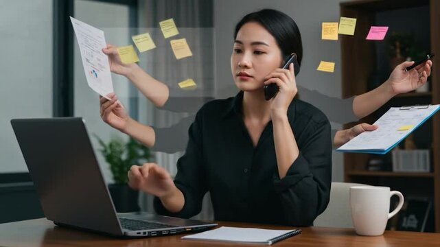 Woman working at desk with laptop phone and simulated hands multitasking office