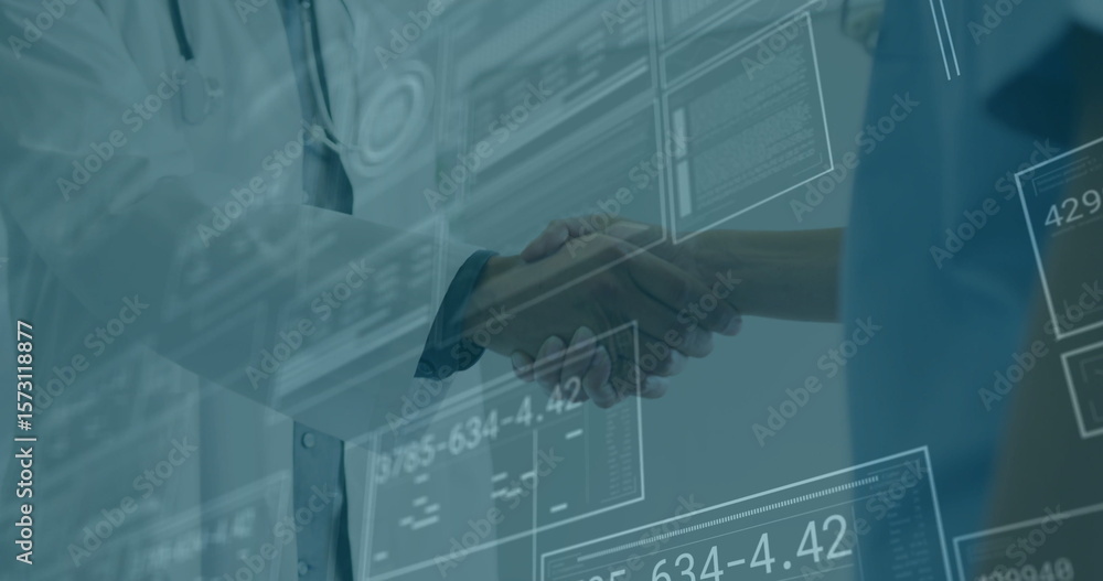 Poster in school, image of handshake over digital interface with data and graphs