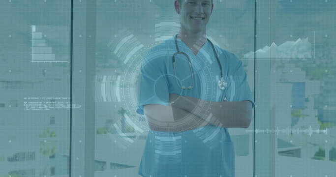 Standing physician wearing scrubs, stethoscope before large glass windows, showing digital overlays