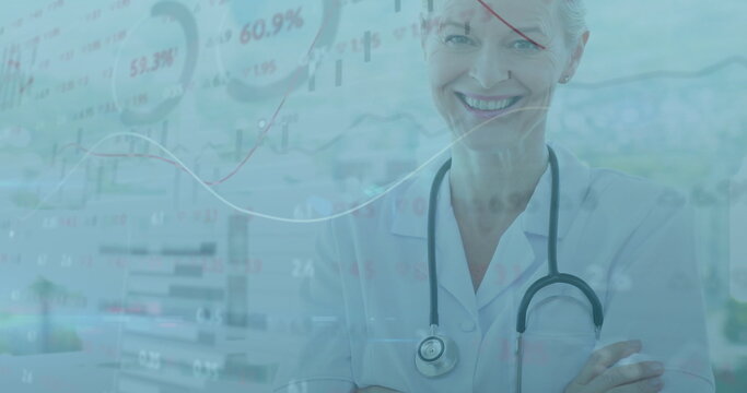 Standing white lab coat doctor analyzing digital financial graphs in clinic office, copy space - Powered by Adobe