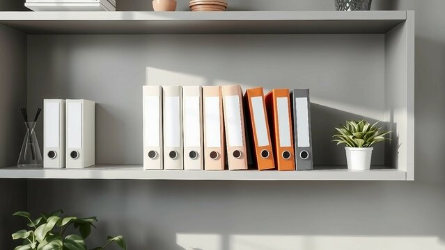 Modernes Regal mit sortierten Aktenordnern in neutralen Farben, elegantes B&uuml;rodesign mit nat&uuml;rlichem Licht.
