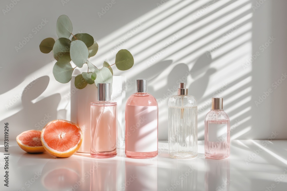 Poster a clean white table is adorned with a variety of fresh oranges and bottles, creating a vibrant and r