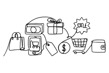 A set of shopping items hand-drawn in one line.