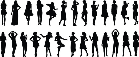 Diverse Women Silhouettes in Various Poses, Fashion and Lifestyle, Elegant Female Figures, Modern Ladies, Dynamic Gestures, Beauty and Confidence, Feminine Expressions, Style, Grace.