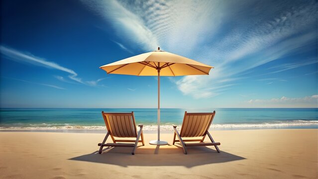 Two beach chairs under umbrella on a beautiful sunny day