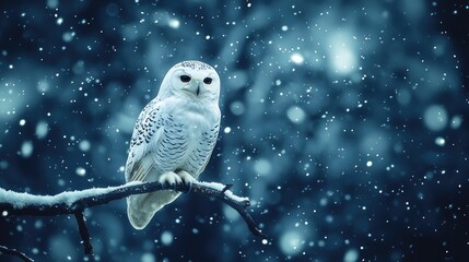 Snowy owl perched on a branch during a winter storm.
