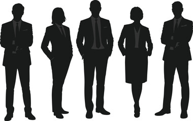 Professional Business Team Silhouettes, Diverse Corporate Men and Women, Executive Leaders, Modern Office Professionals, Formal Attire, Group Portrait, Success and Collaboration, Workforce.