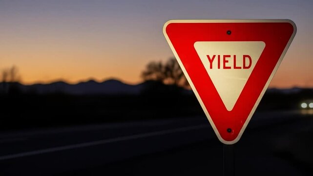 Close up of a yield traffic sign captured during sunset on a rural road with fading natural light