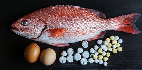A whole red snapper fish, eggs, and two pills on a black wooden background