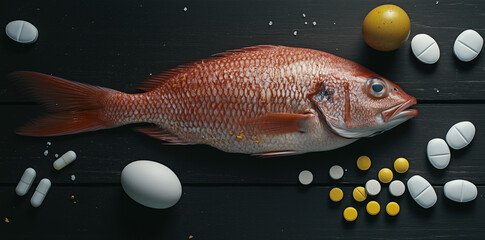 A whole red snapper fish, eggs, and two pills on a black wooden background